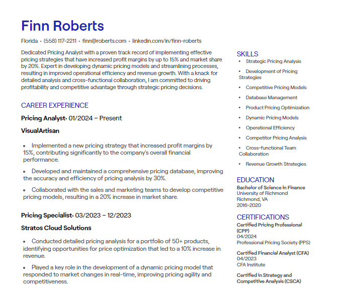 pricing analyst cv
