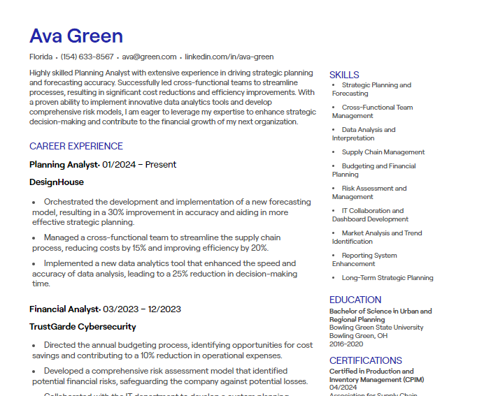 planning analyst cv