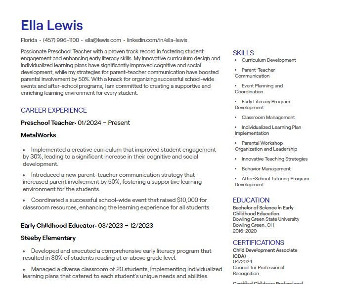 preschool teacher cv
