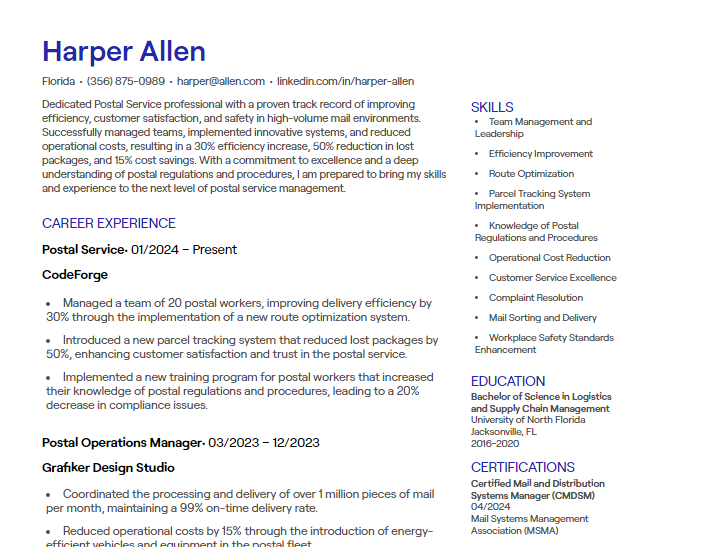 postal service cv