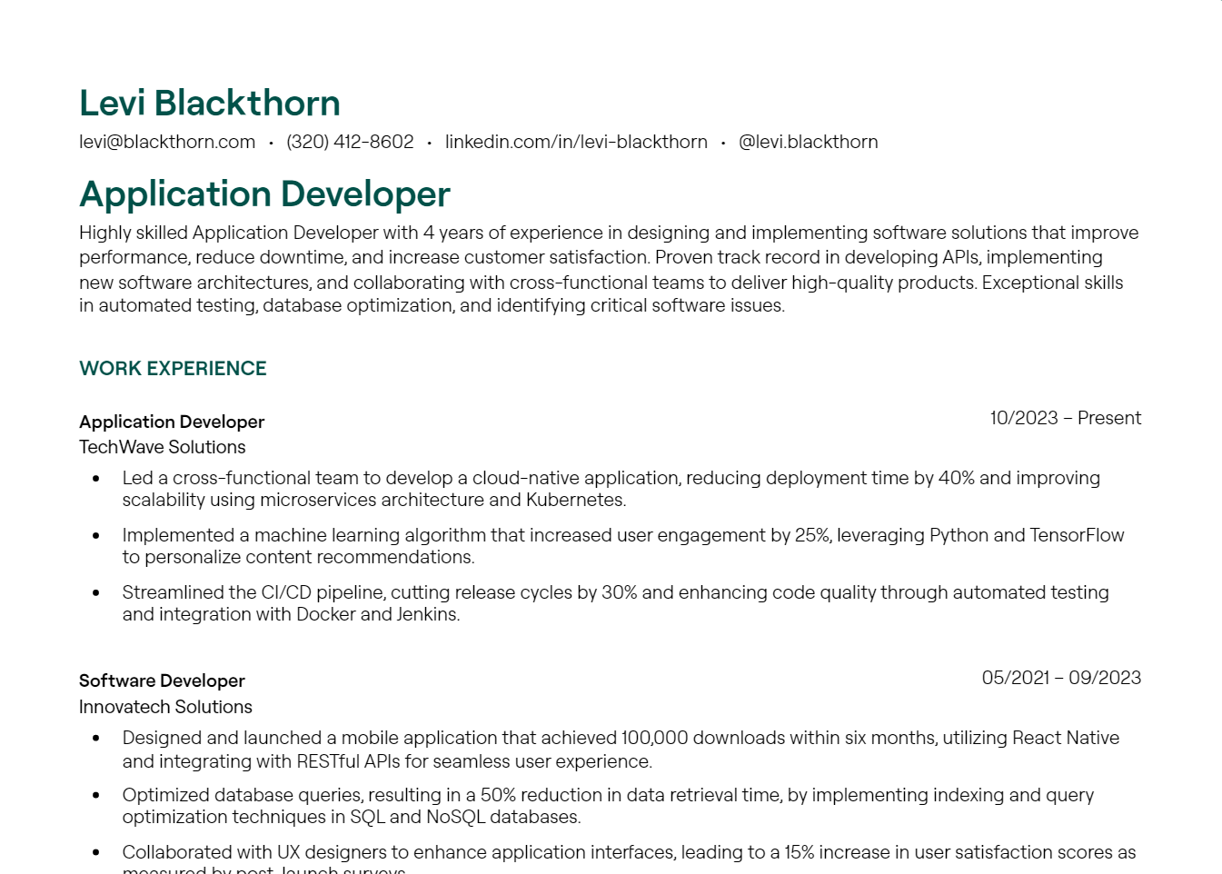 application developer resume