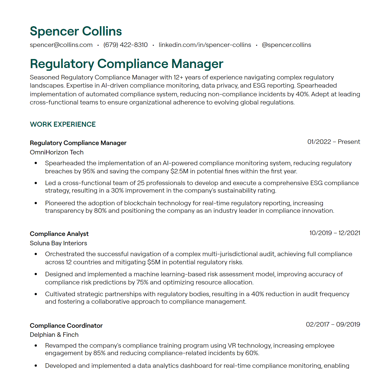 Compliance resume example