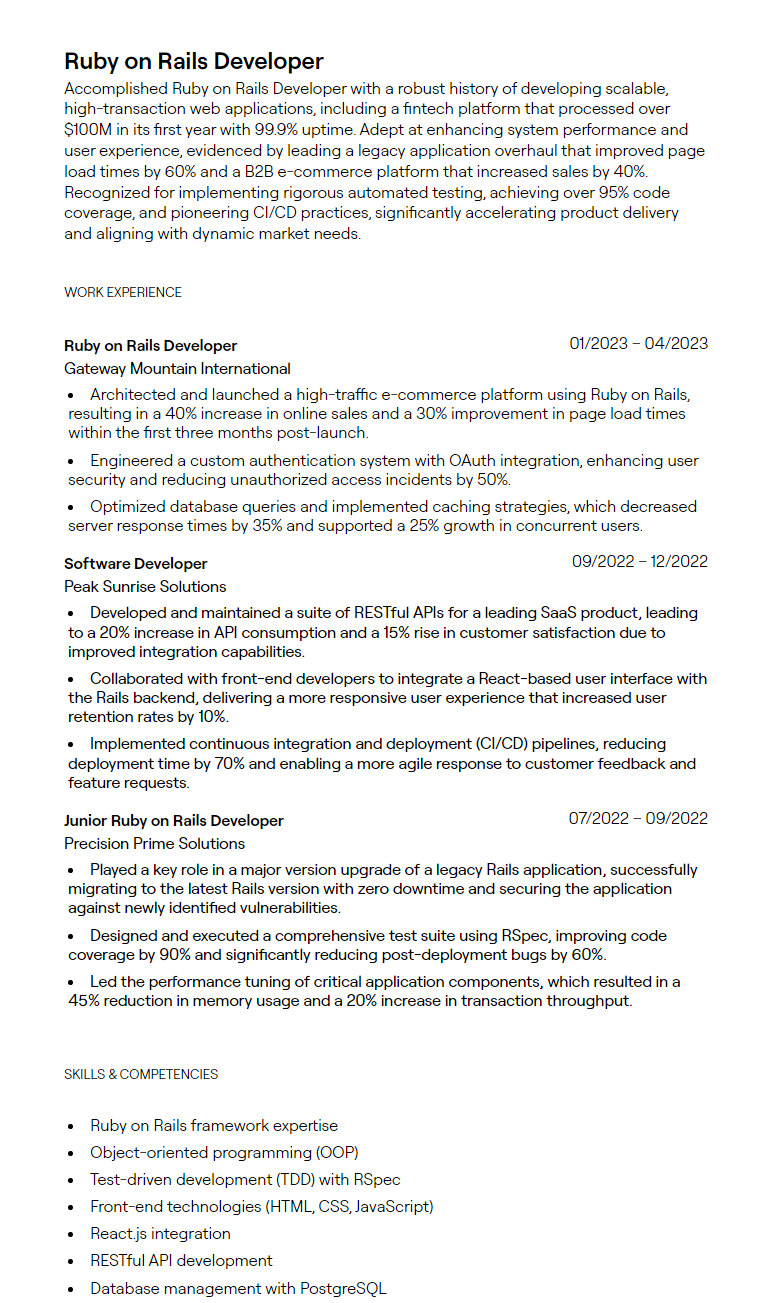 ruby on rails developer resume