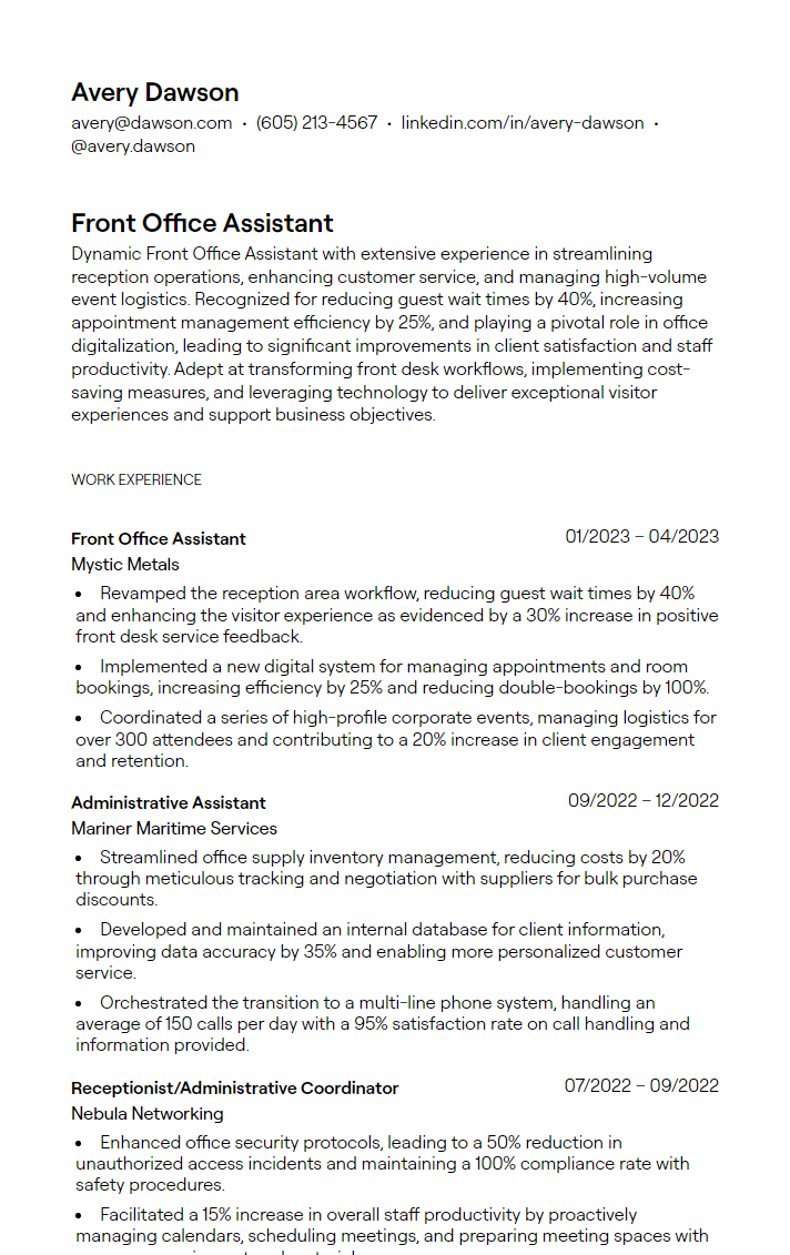 front office assistant resume