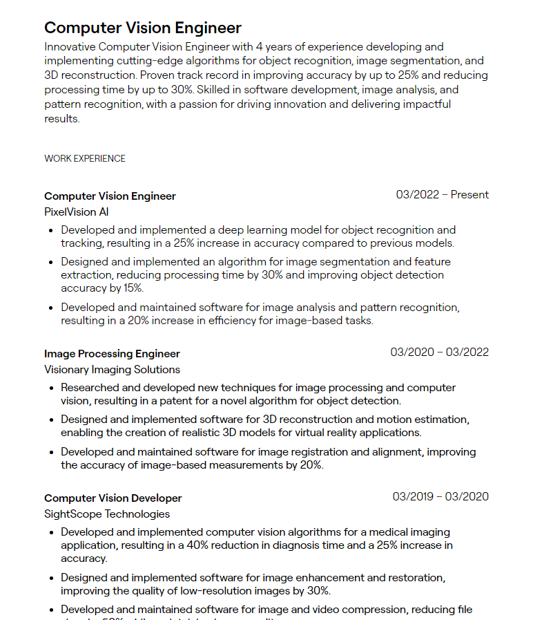 computer vision engineer resume