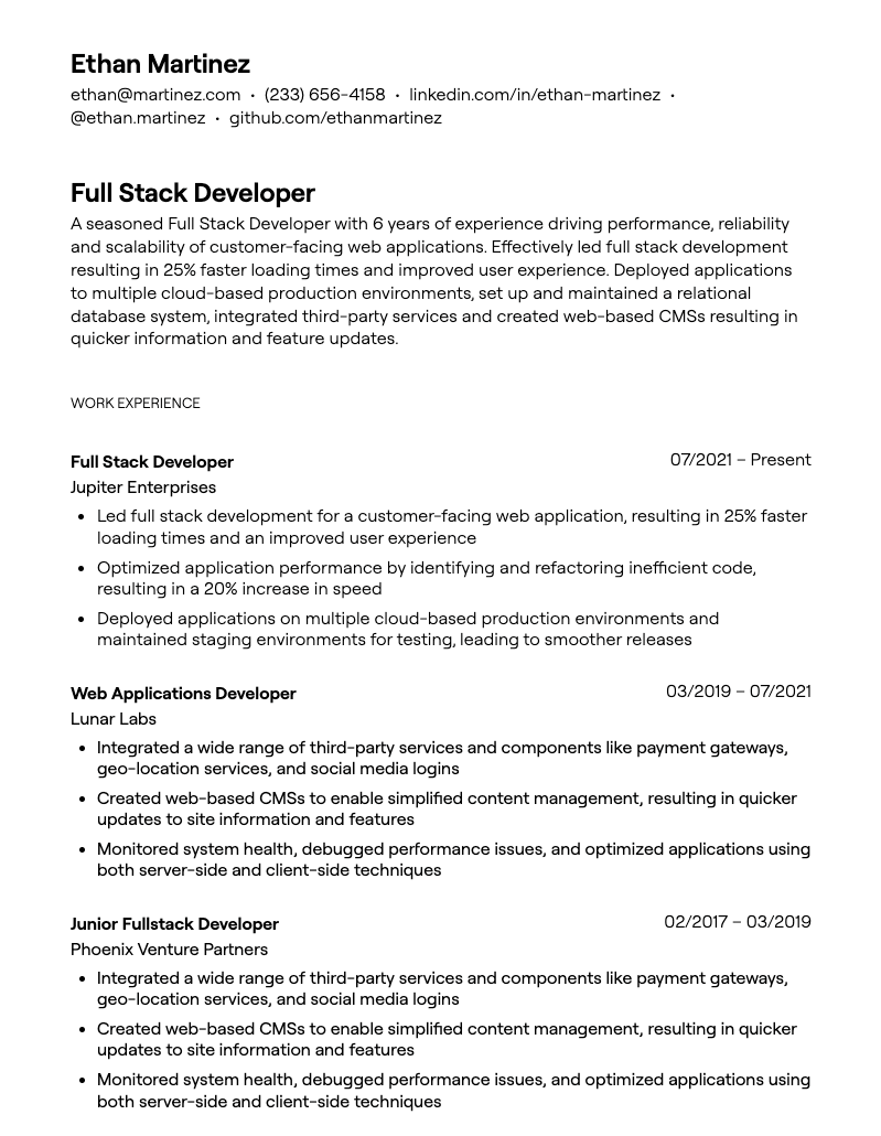 full stack developer resume