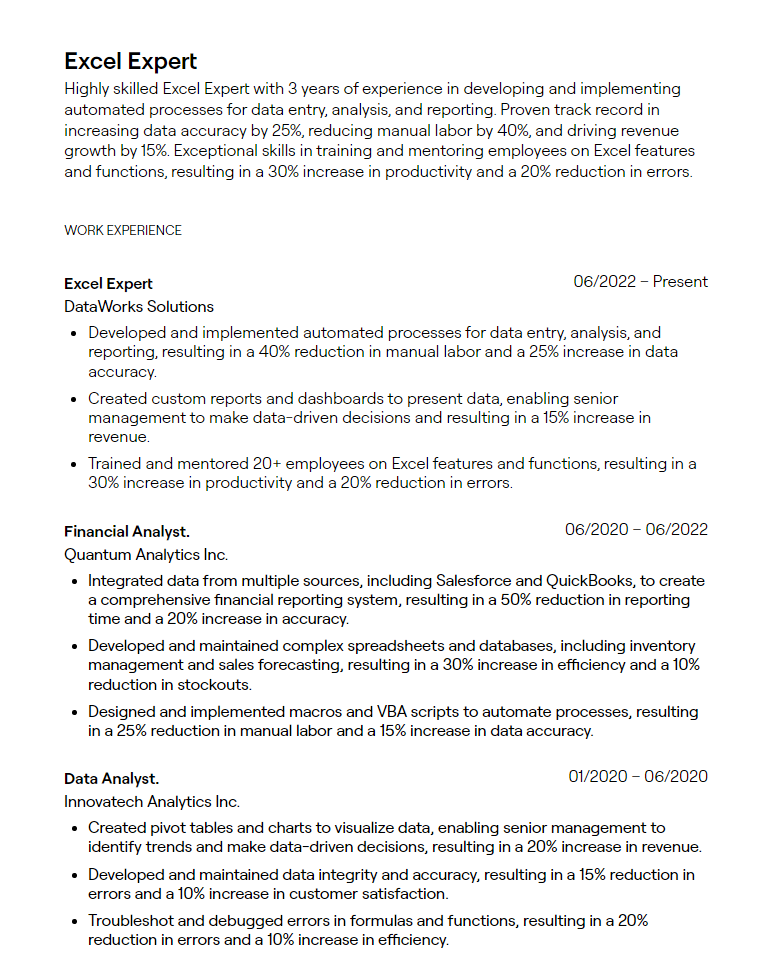 excel expert resume