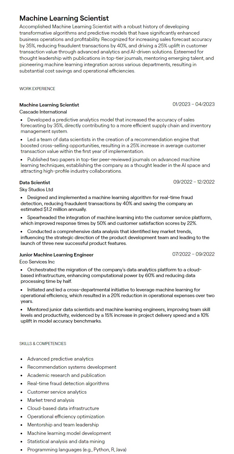 machine learning scientist resume