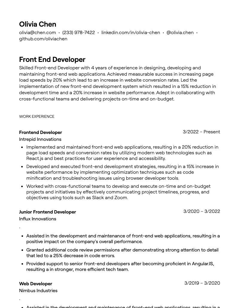 front end developer resume