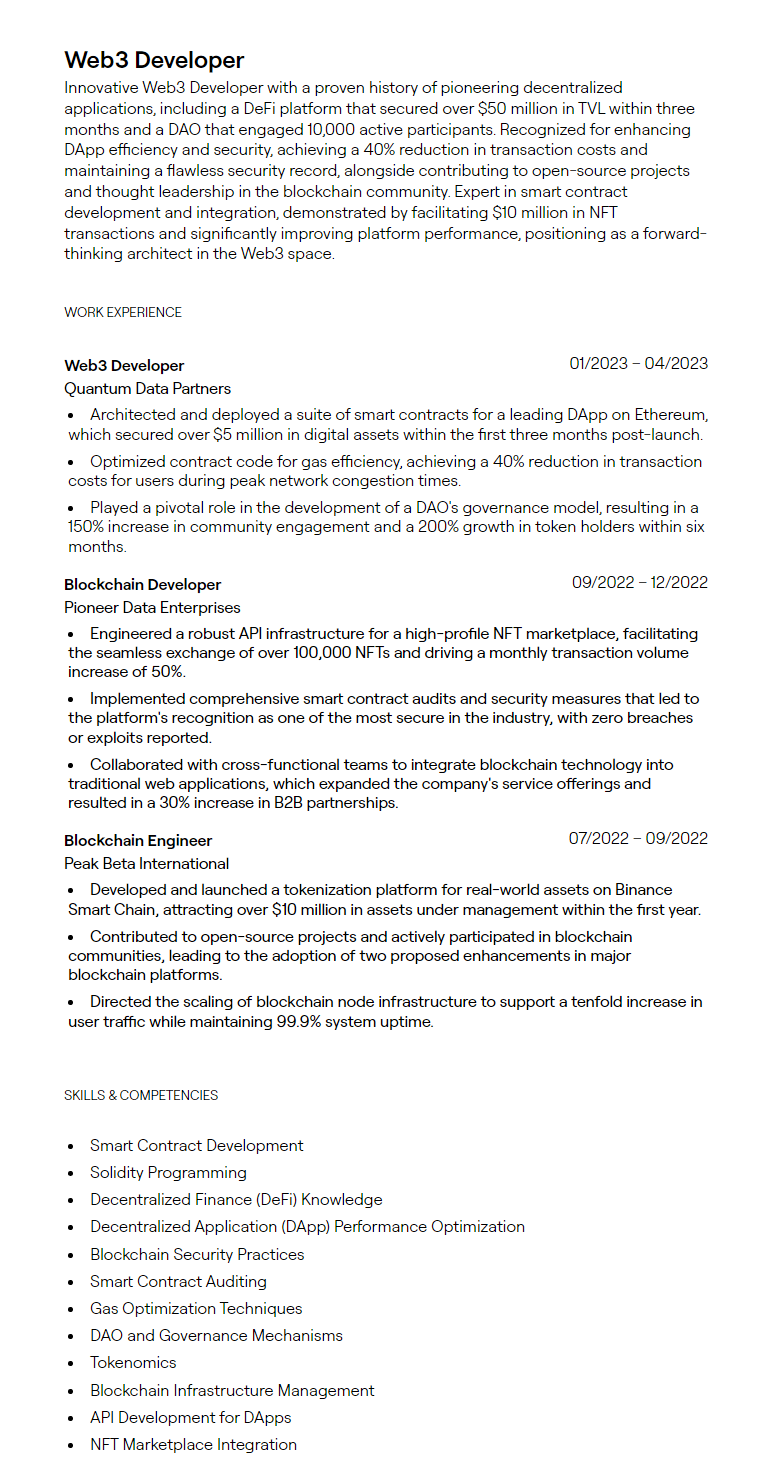 web3 developer resume