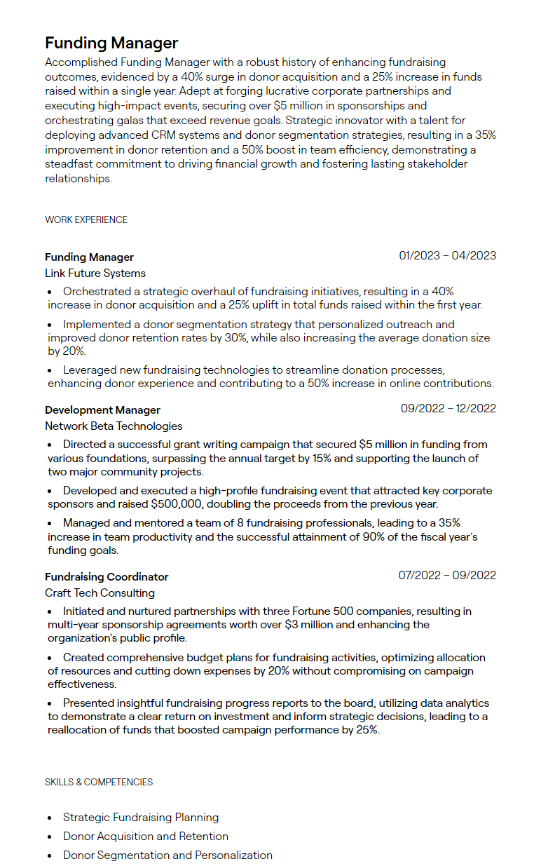 funding manager resume