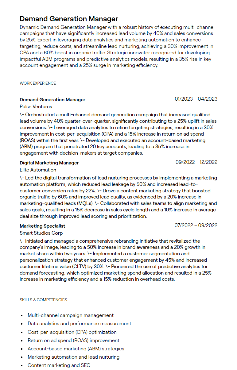 demand generation manager resume