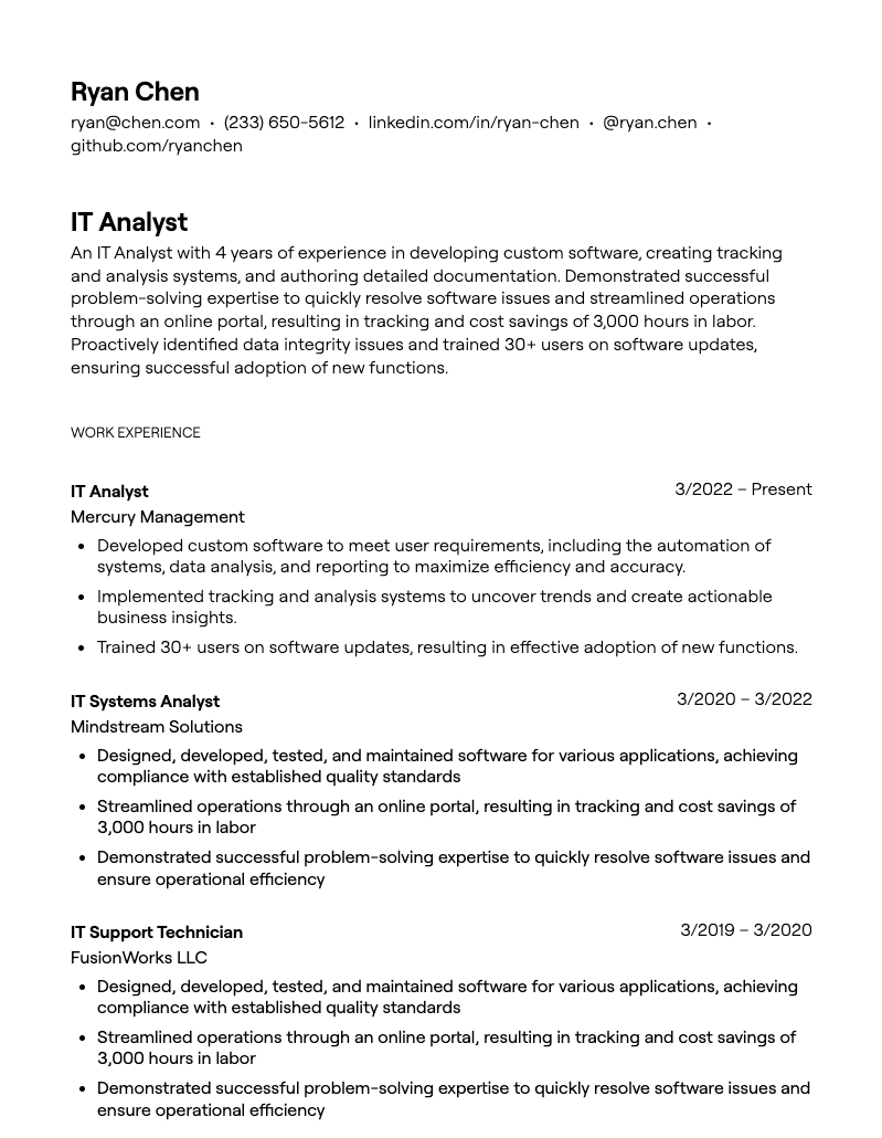 it analyst resume