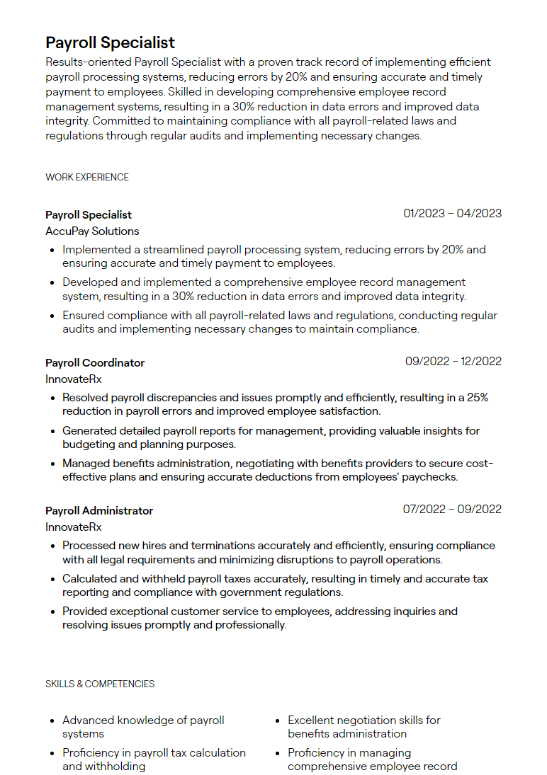 payroll specialist resume