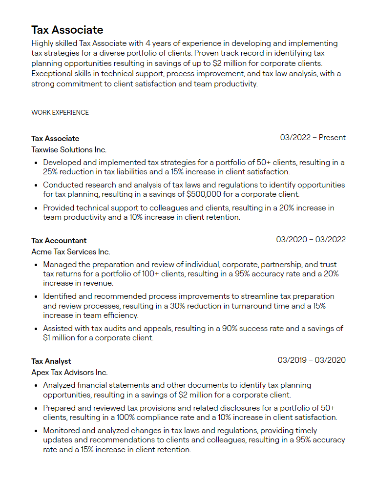 tax associate resume
