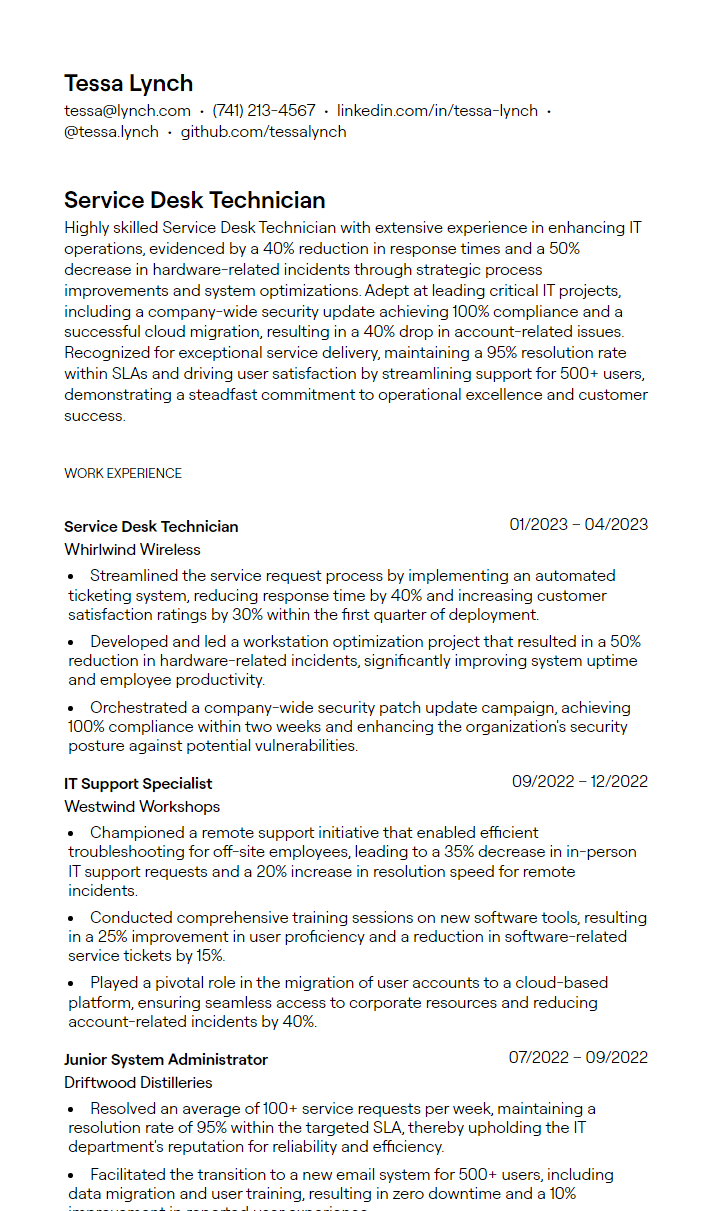 service desk technician resume