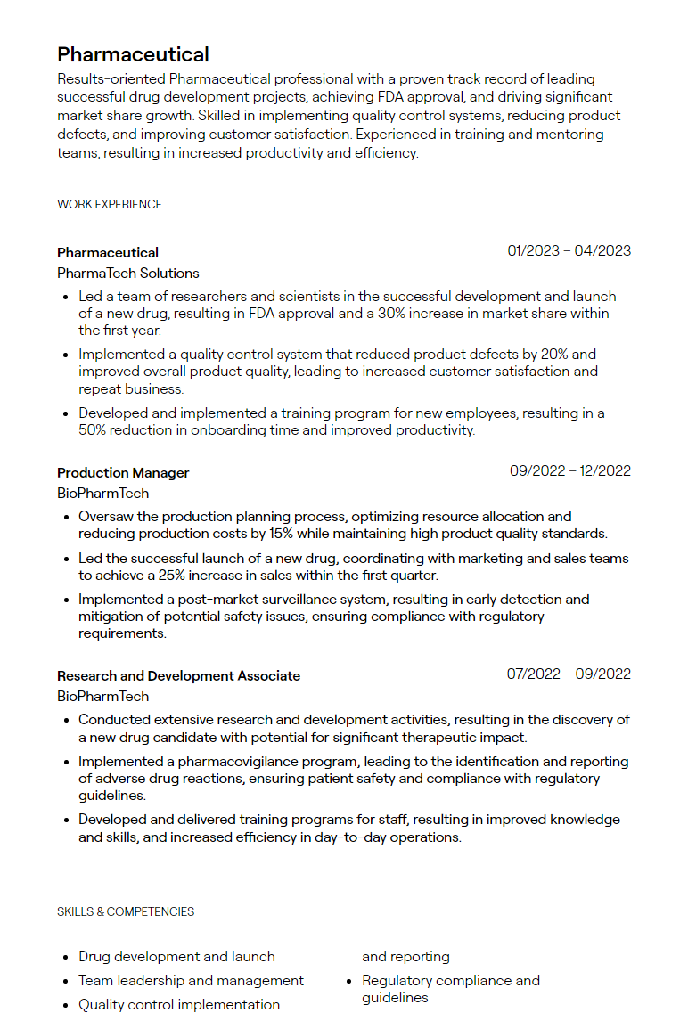 pharmaceutical resume
