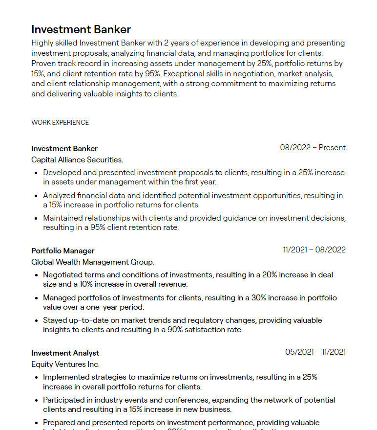investment banker resume