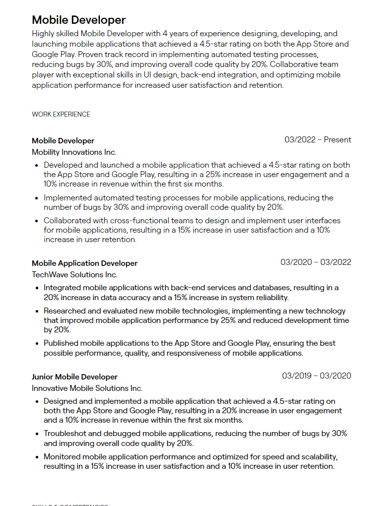 mobile developer resume