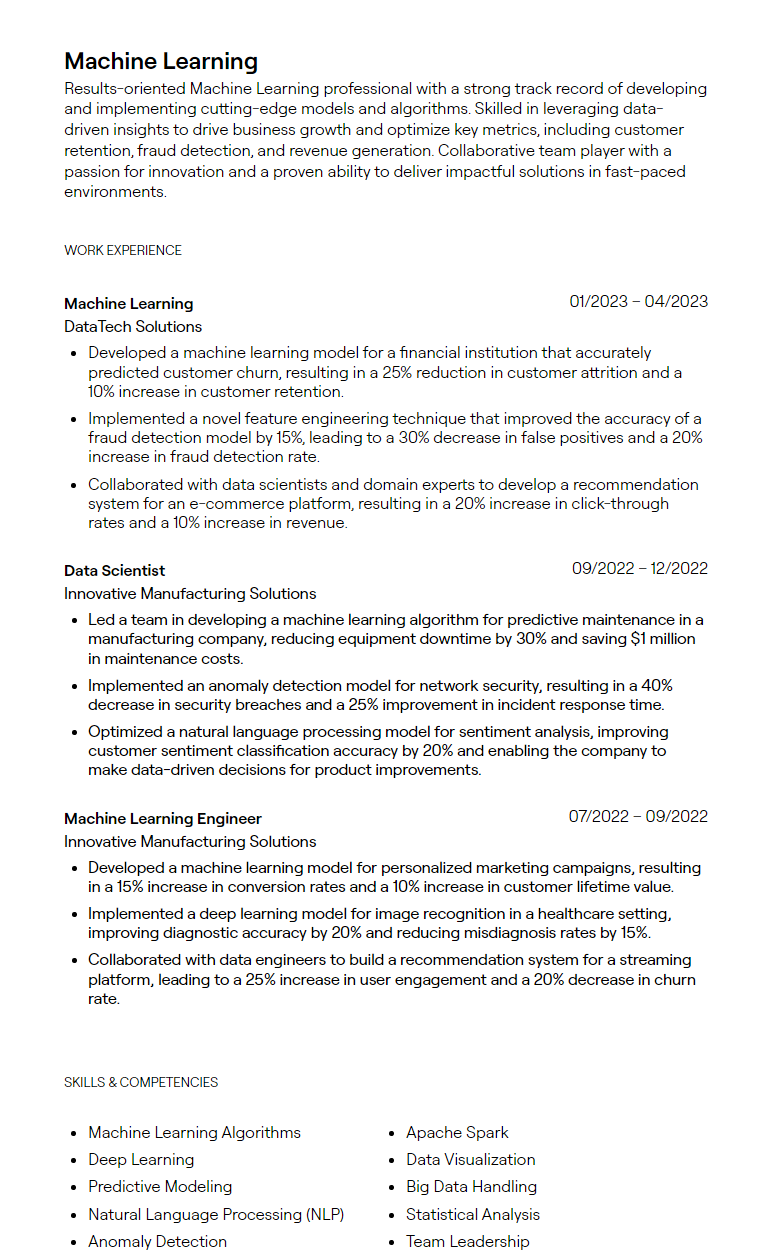 machine learning resume