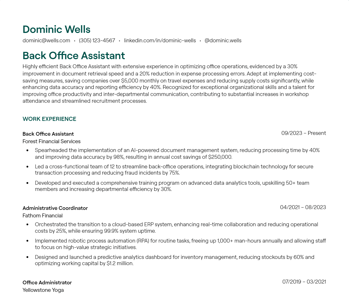 back office assistant resume