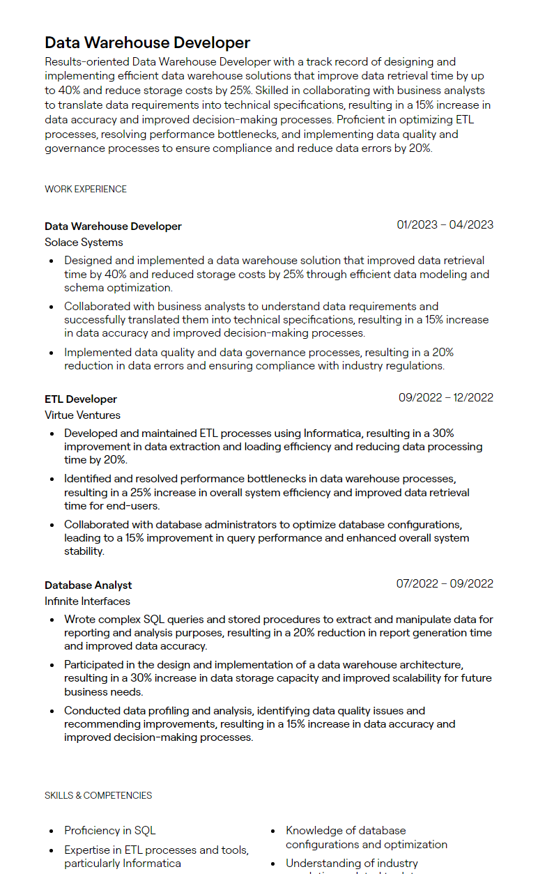 data warehouse developer resume