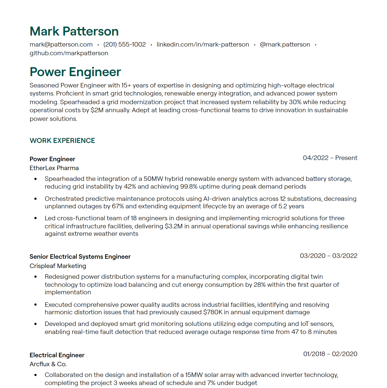 Power Engineer resume example