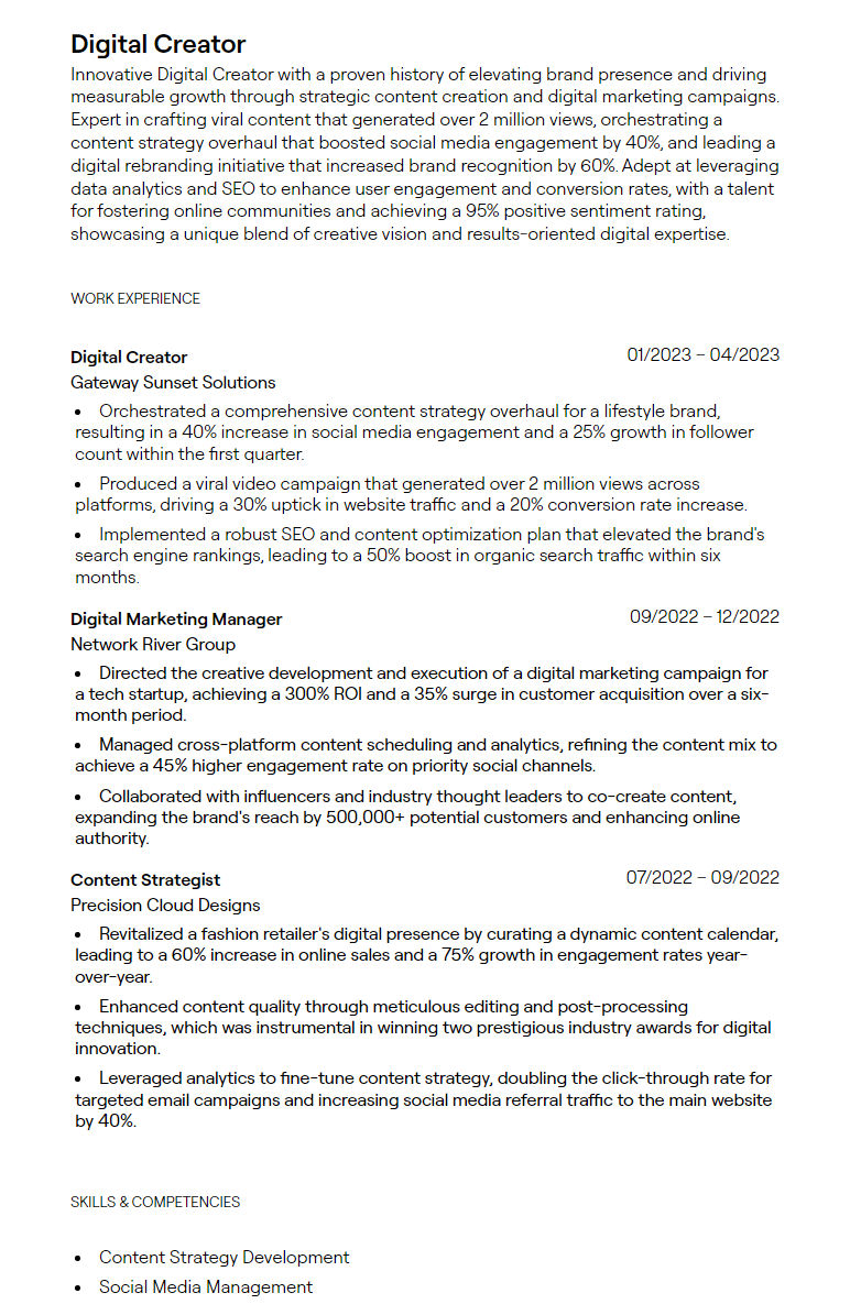 digital creator resume