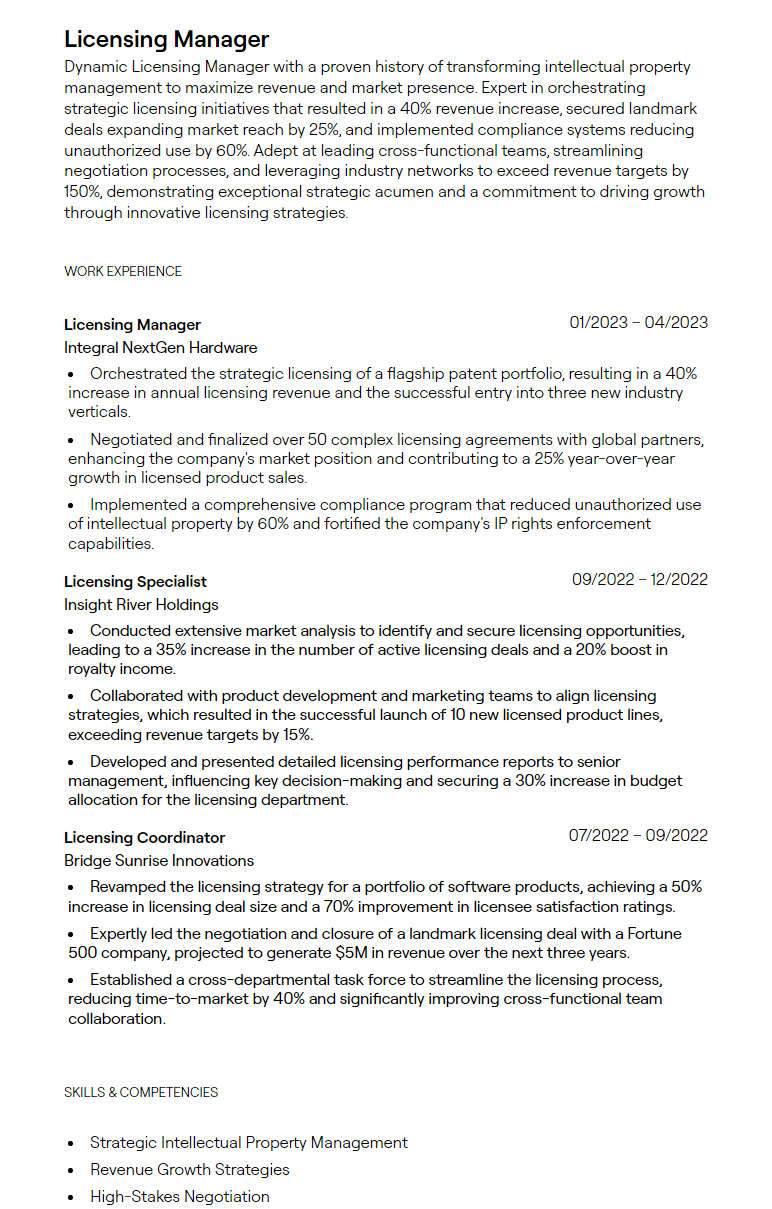 licensing manager resume