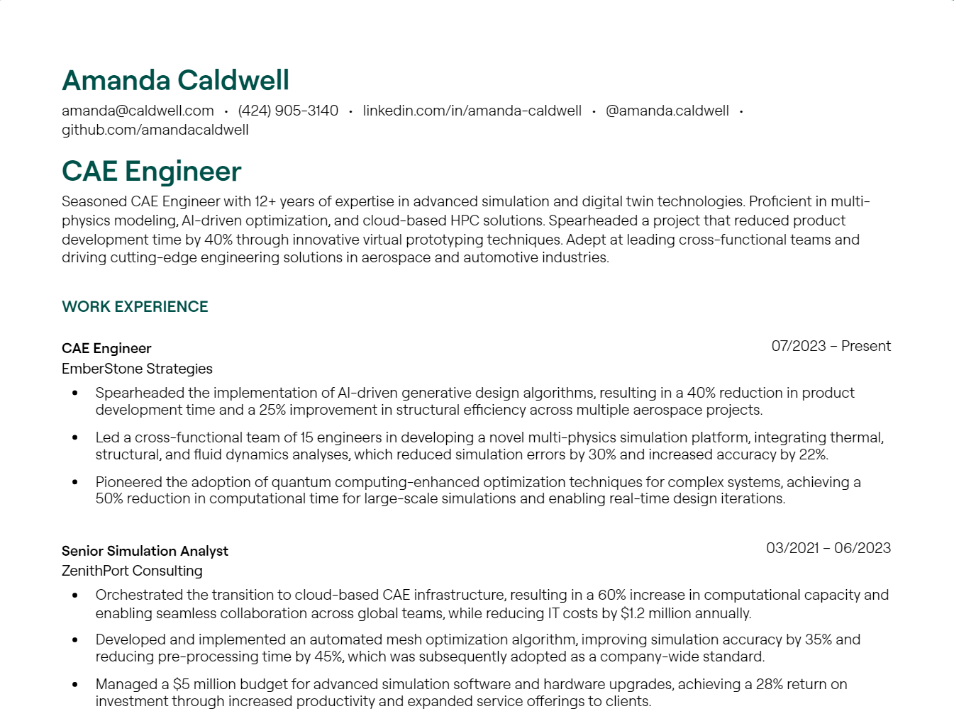 CAE Engineer resume example
