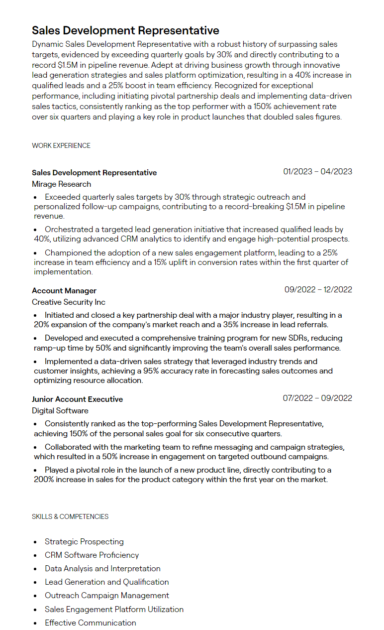 sales development representative resume