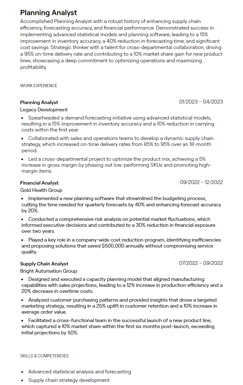 planning analyst resume