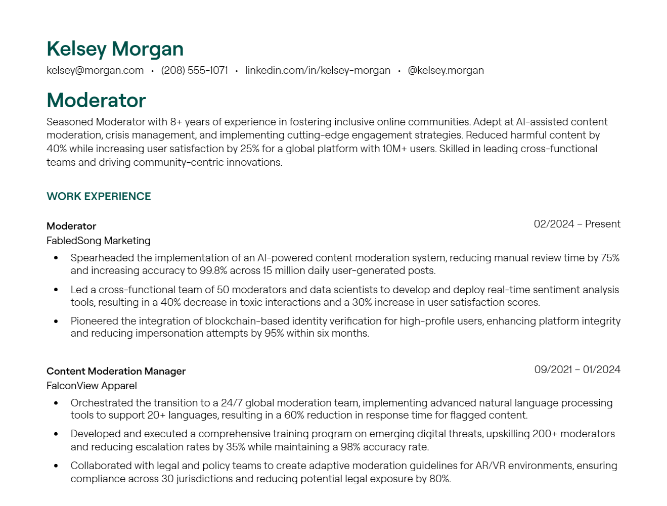 Moderator resume example