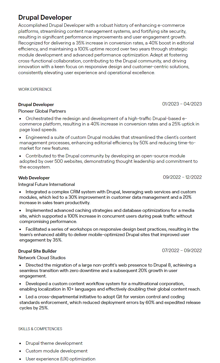 drupal developer resume