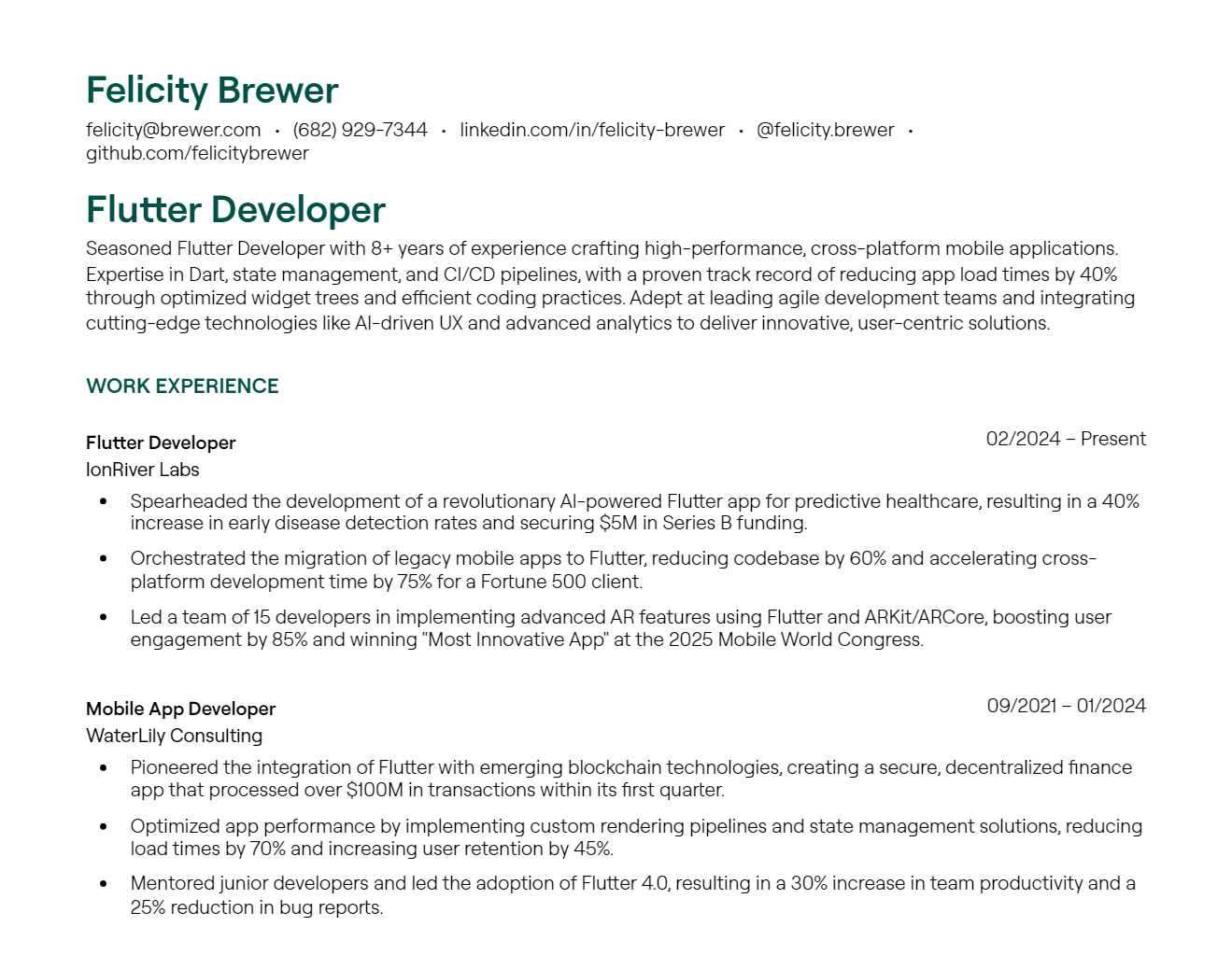 Flutter Developer resume example