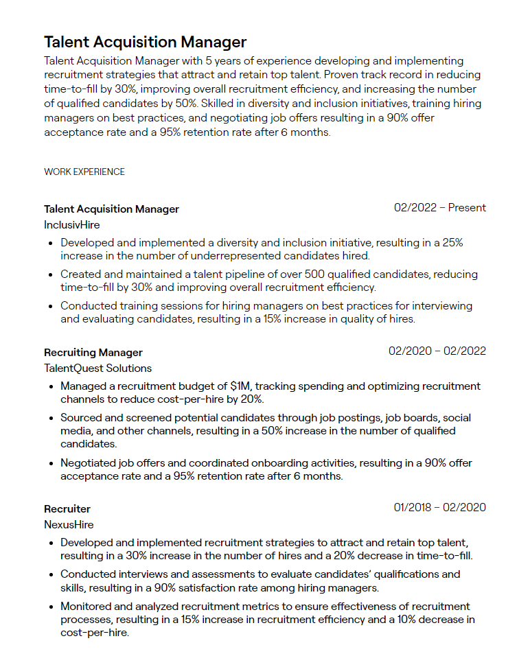 talent acquisition manager resume