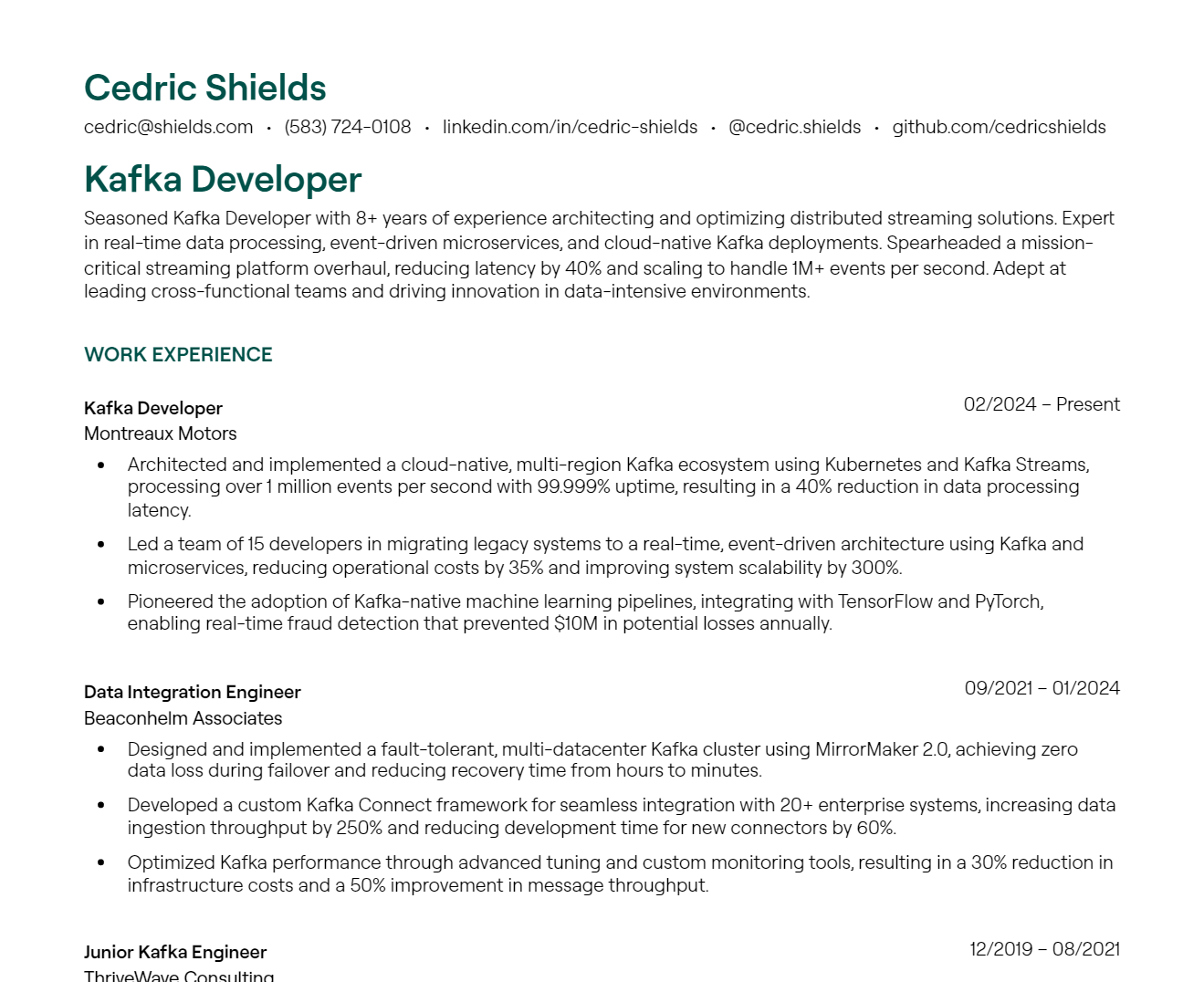 Kafka Developer resume example