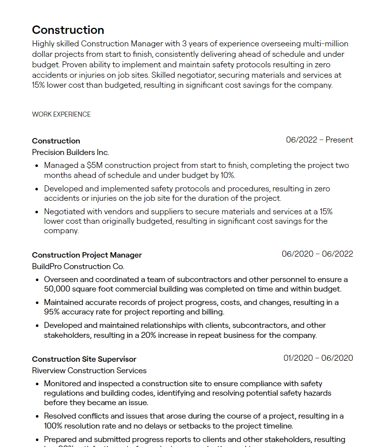 construction resume