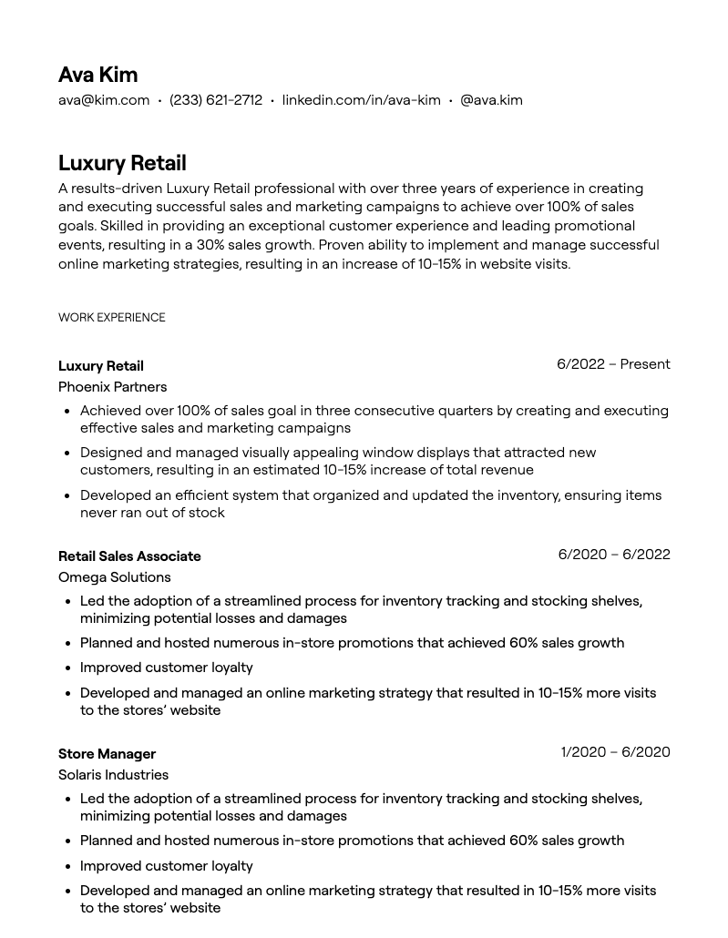 luxury retail resume