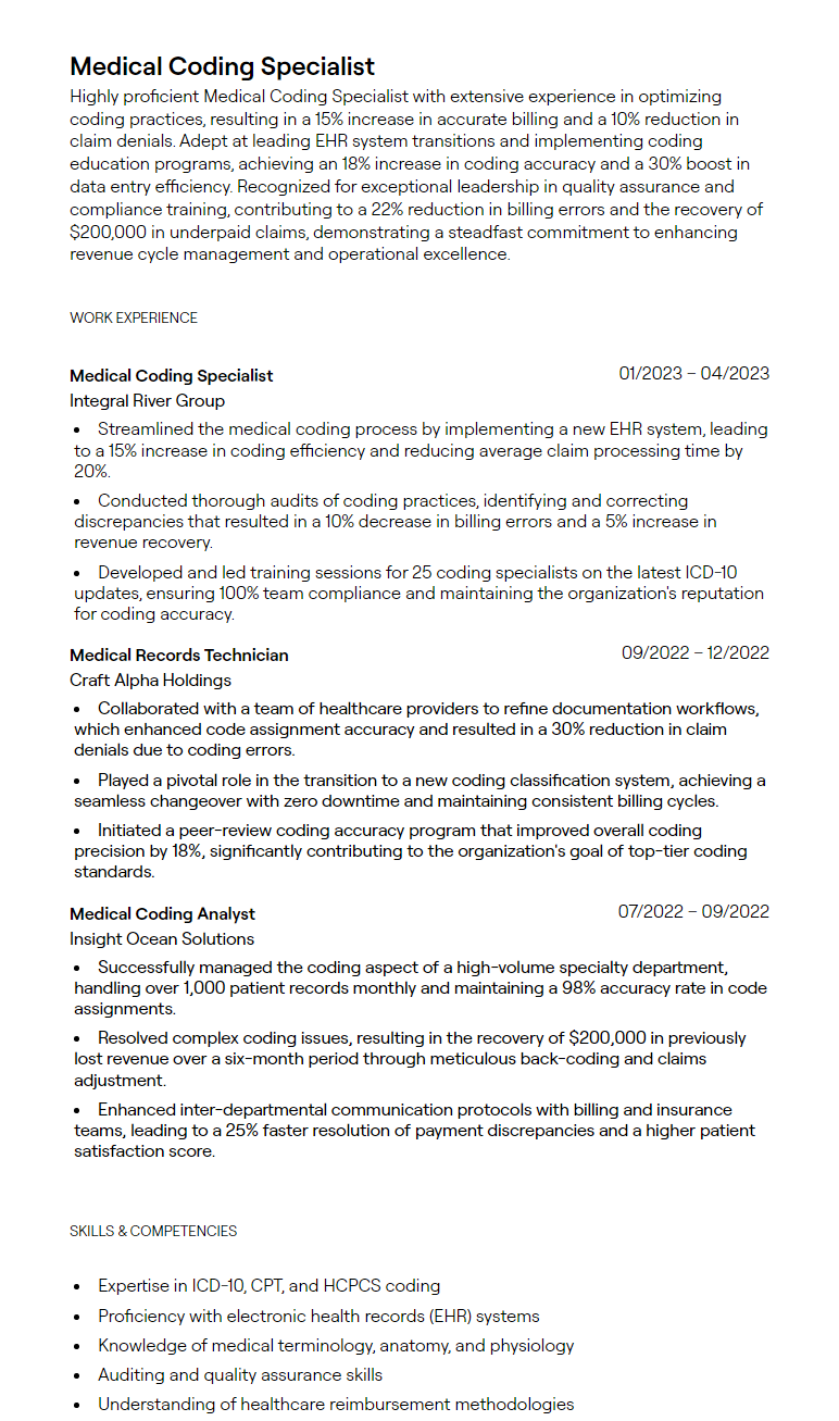 medical coding specialist resume
