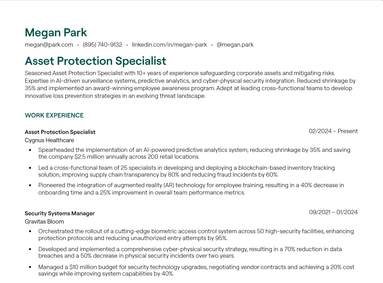 Asset Protection Specialist resume example