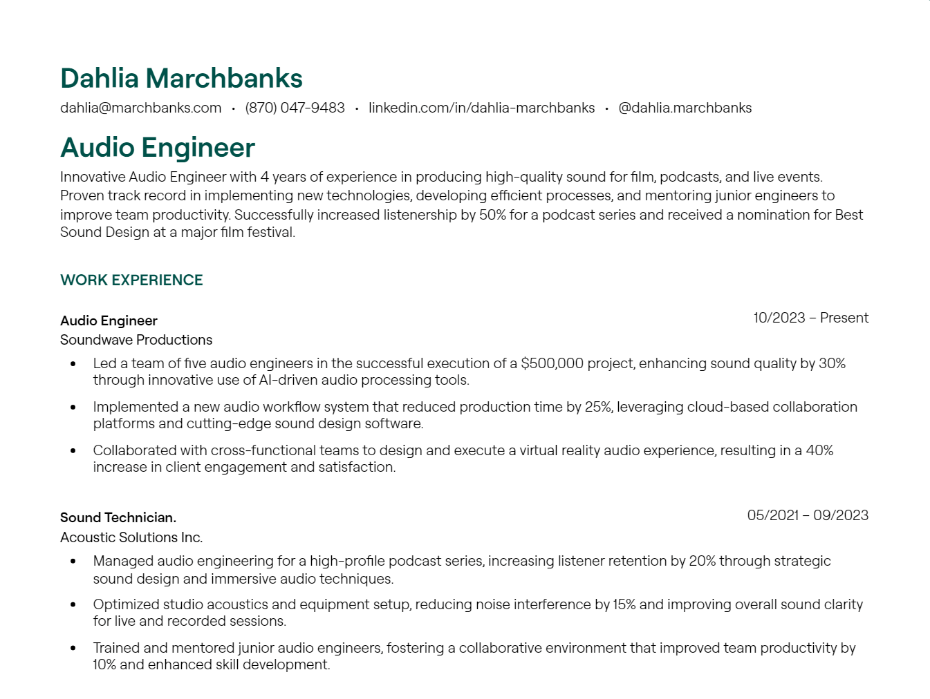 audio engineer resume