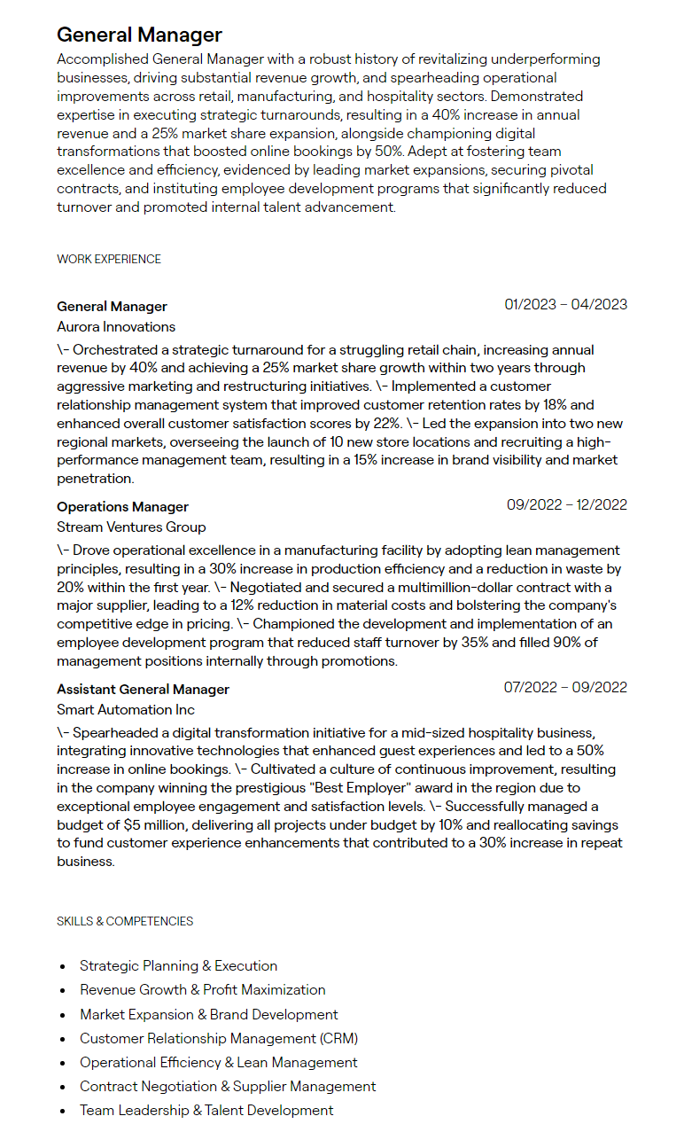general manager resume