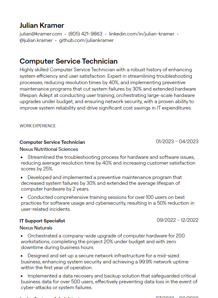 computer service technician resume