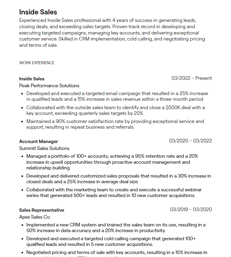 inside sales resume
