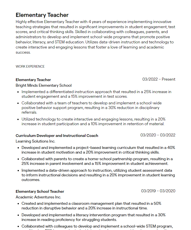 elementary teacher resume