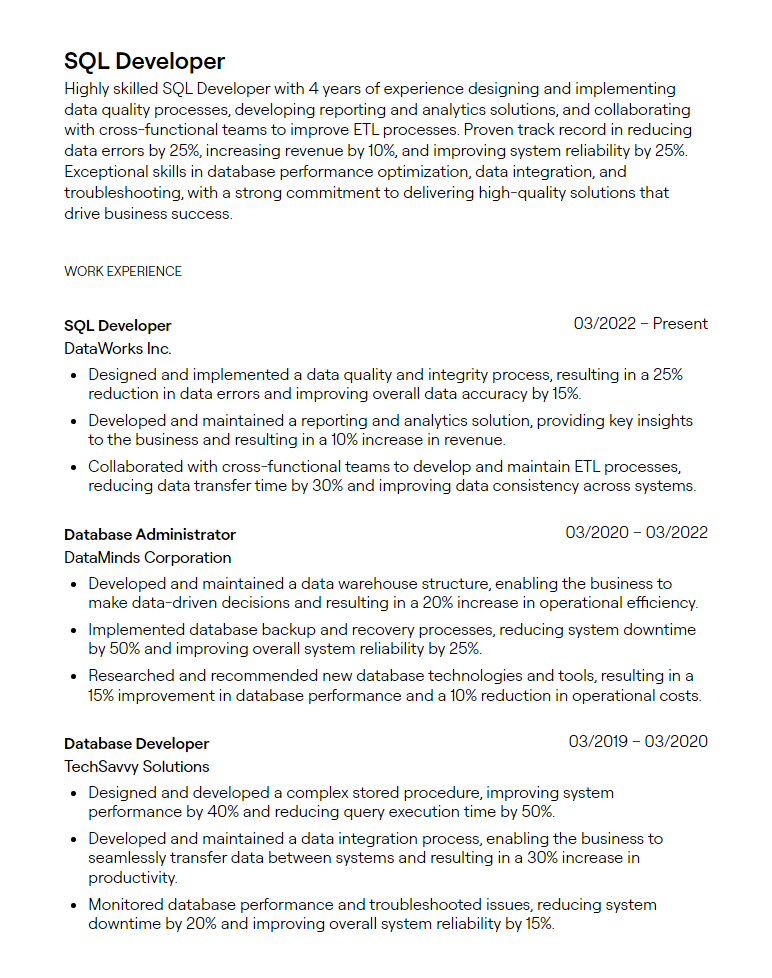 sql developer resume