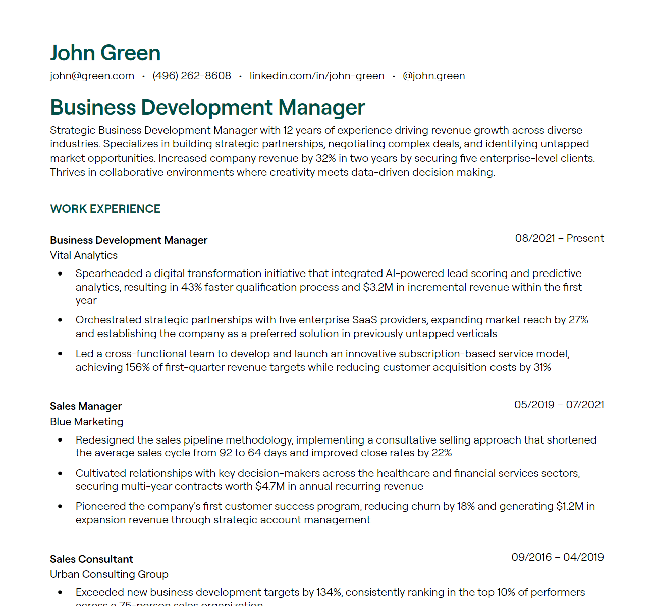 Business Development resume example