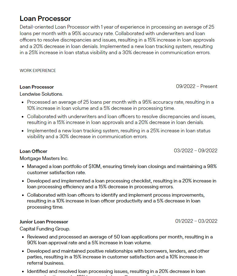 loan processor resume