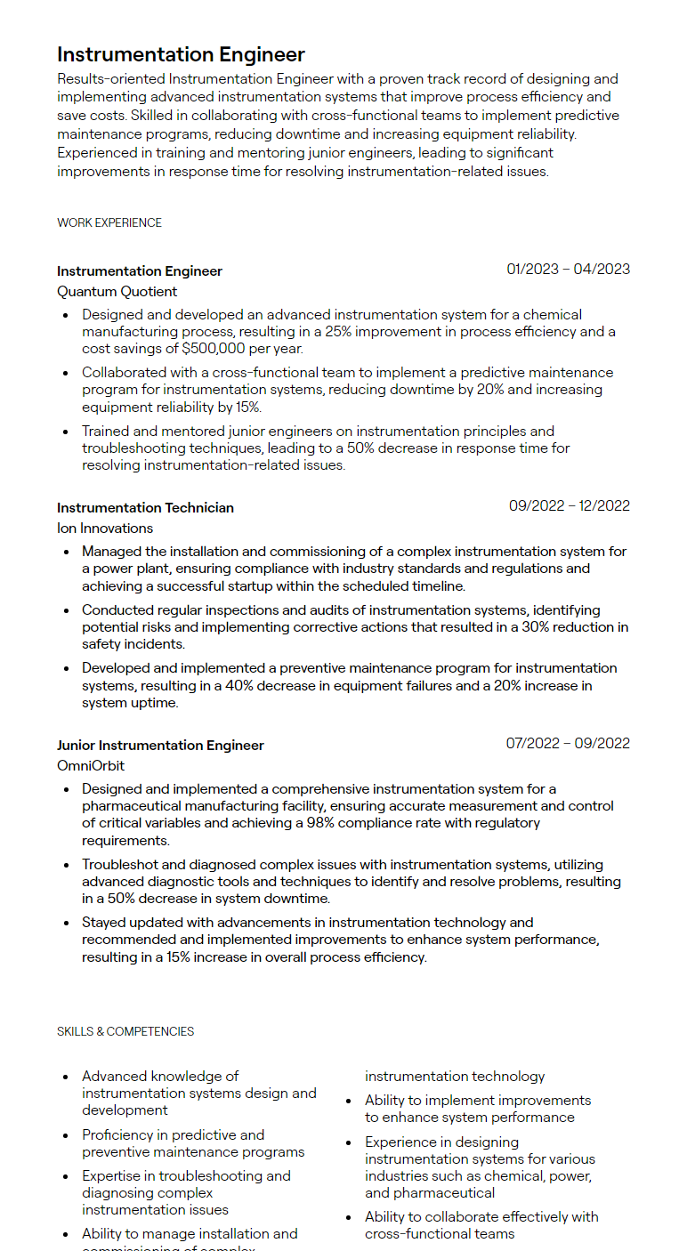 instrumentation engineer resume